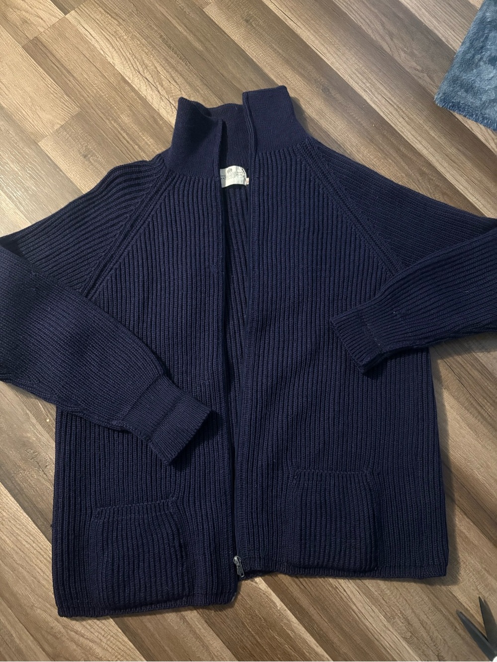 Men’s Navy Zip-Front Ribbed Sweater. Vintage. 100% wool.
